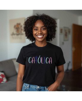 Camisa Tshirt de Malha Feminina Bordada Moda Cristã Católica