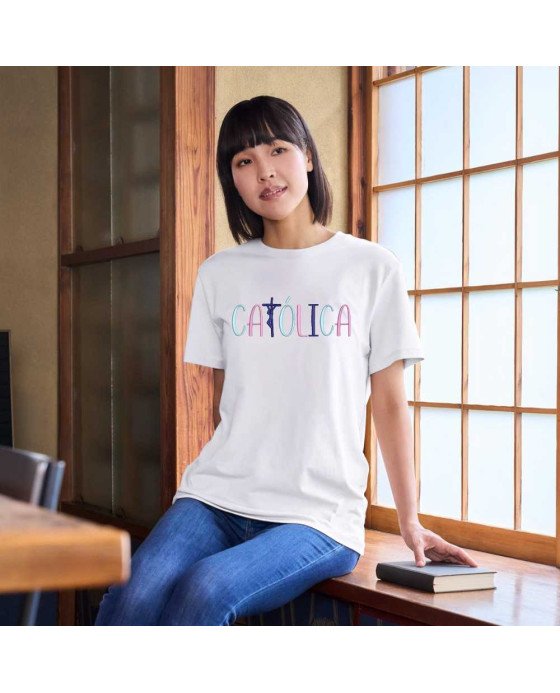Camisa Tshirt de Malha Feminina Bordada Moda Cristã Católica