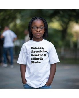 Camisa de Malha Infantil Bordada Católico Filho de Maria
