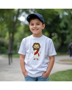 Camisa Infantil Bordada Cristã Menino Jesus em Desenho