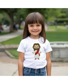 Camisa Infantil Cristã Bordada Menina Jesus em Desenho