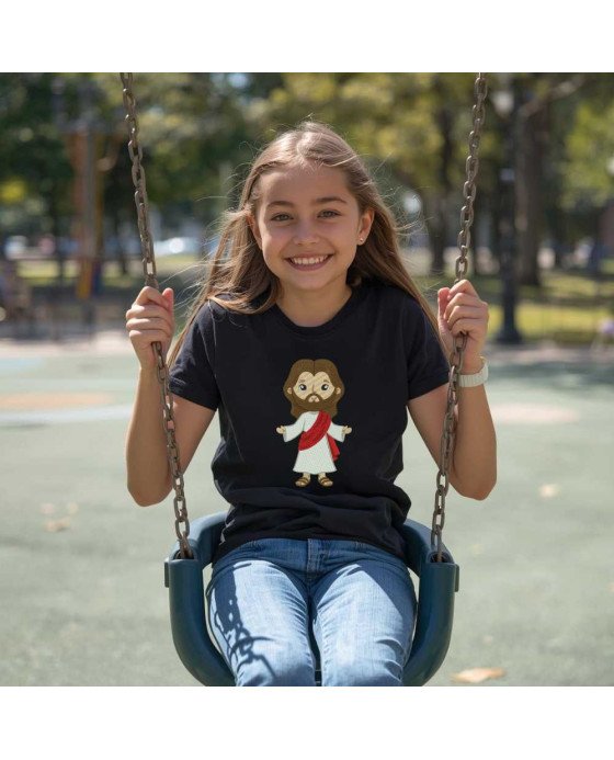 Camisa Infantil Cristã Bordada Menina Jesus em Desenho