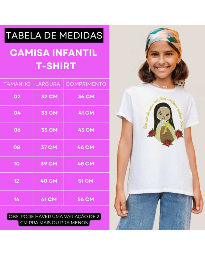 Camisa Infantil Cristã Bordada Santa Terezinha em Desenho Camisa Infantil Cristã Bordada Santa Terezinha em Desenho