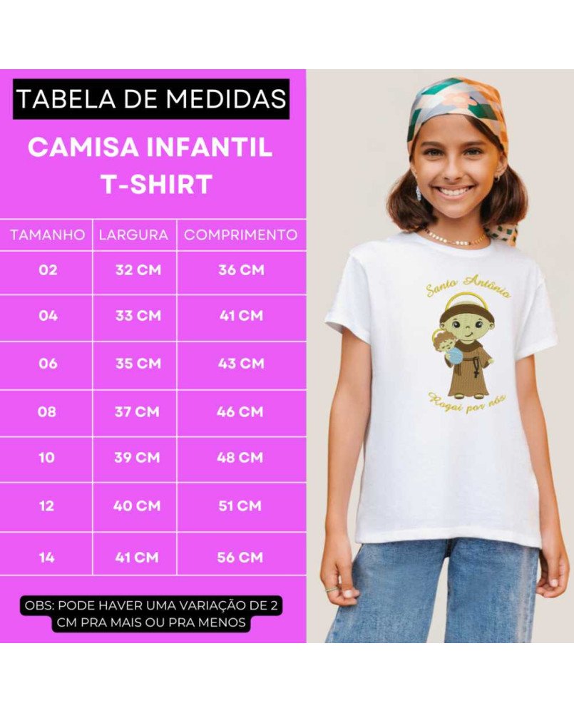 Camisa Infantil Bordada Menina Santo Antonio em Desenho Camisa Infantil Bordada Menina Santo Antonio em Desenho