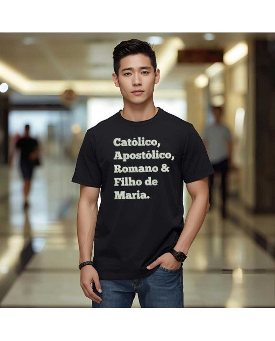 Camisa de Malha Masculina Bordada Católico Filho De Maria