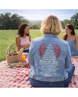 Jaqueta Jeans Feminina Bordada Moda Fé Católica São Miguel