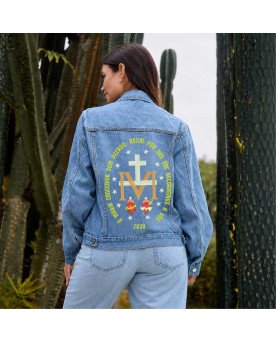 Jaqueta Jeans Feminina Católica Bordada Maria Rogai Por Nós