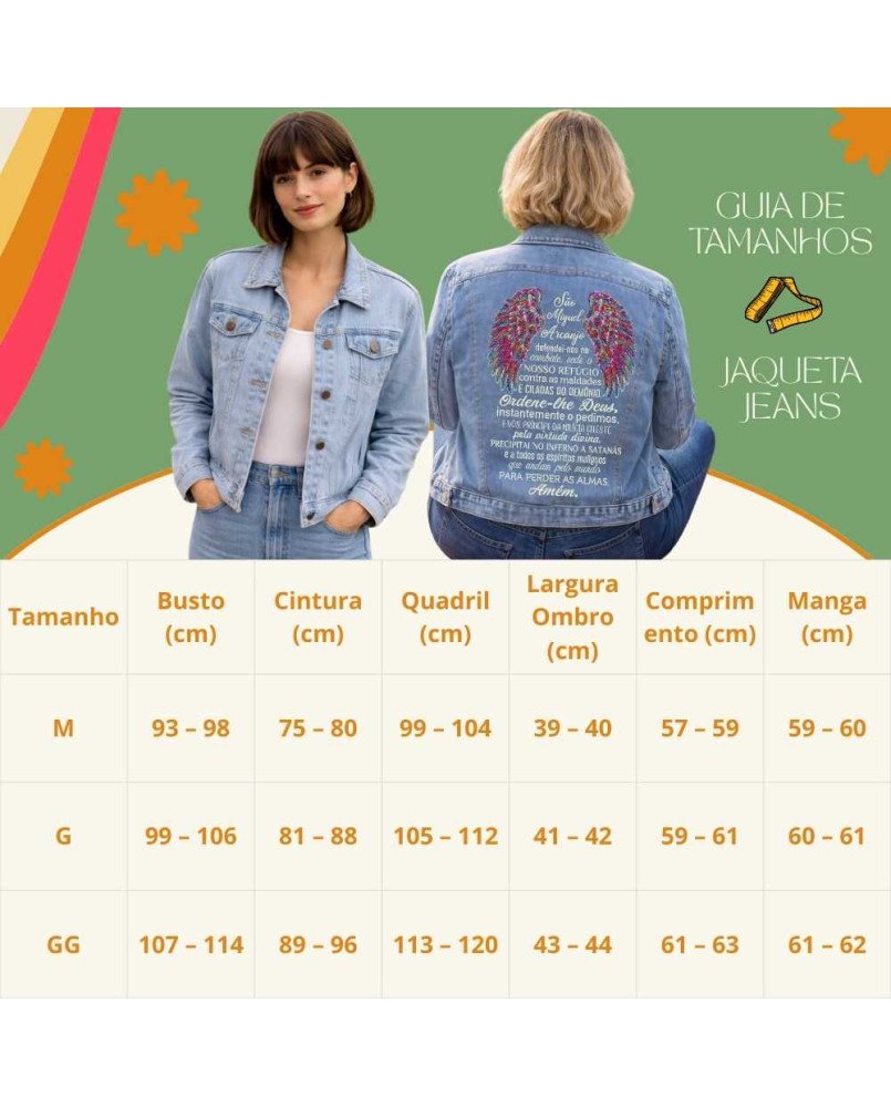 Jaqueta Jeans Feminina Bordada Moda Fé Católica São Miguel Jaqueta Jeans Feminina Bordada Moda Fé Católica São Miguel