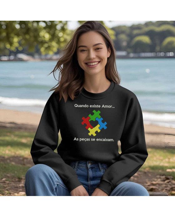 Moletom Blusa de Frio Moda Cristã Bordada Quando Existe Amor