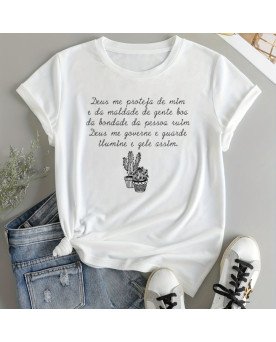 Camisa Bordada com Oração Deus Me Proteja Moda Católica