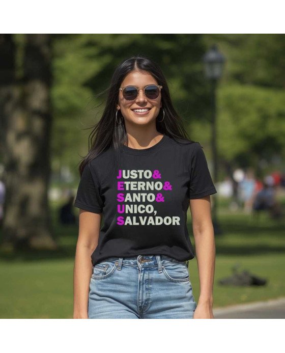 Camisa Malha Bordada Jesus Justo Eterno Santo Único Salvador