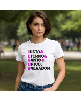 Camisa Malha Bordada Jesus Justo Eterno Santo Único Salvador