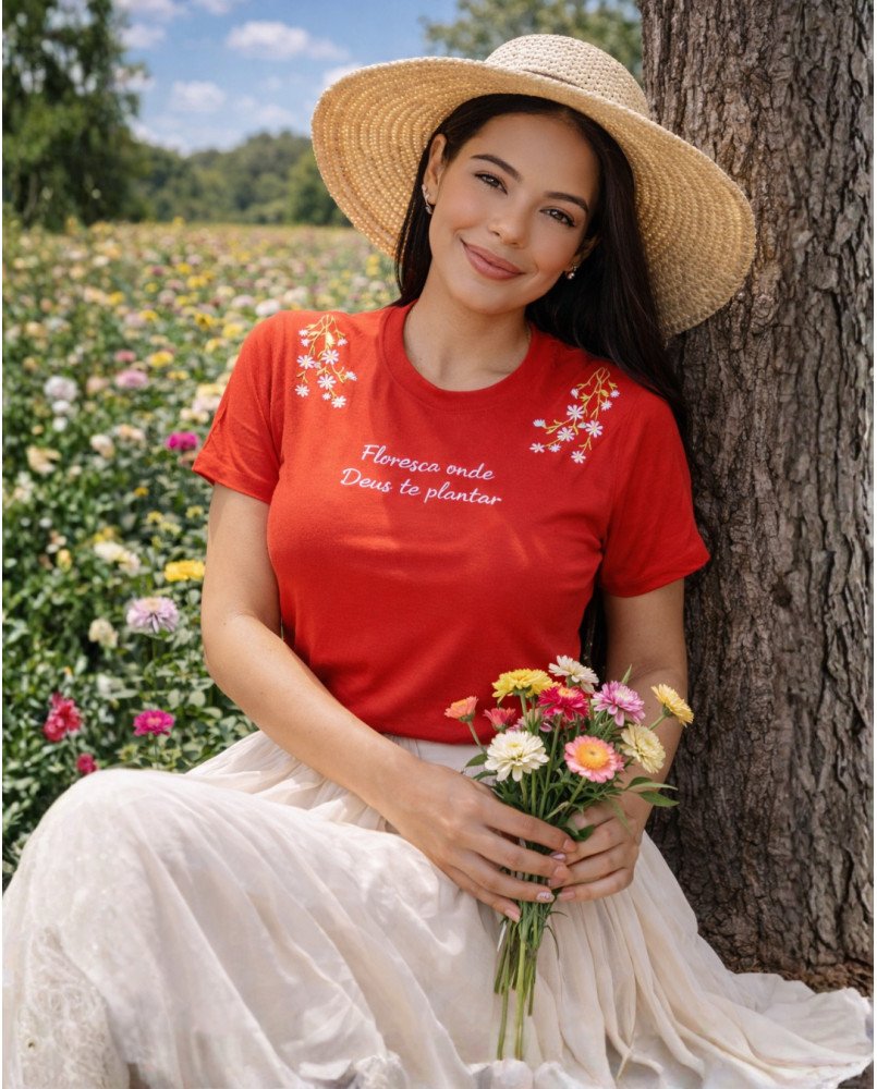 Baby Look Feminina Bordada “Floresça Onde Deus Te Plantar” – Fé, Delicadeza e Propósito Baby Look Feminina Bordada “Floresça Onde Deus Te Plantar” – Fé, Delicadeza e Propósito