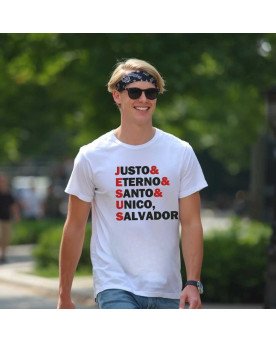 Camisa Malha Bordada Jesus Justo Eterno Santo Único Salvador