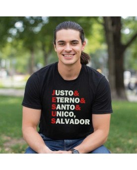 Camisa Malha Bordada Jesus Justo Eterno Santo Único Salvador