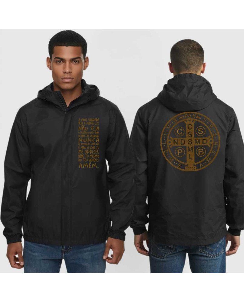 Casaco Corta Vento Católico Bordado Medalha de São Bento Casaco Corta Vento Católico Bordado Medalha de São Bento