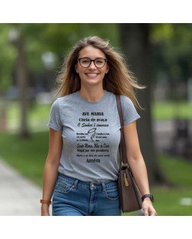 Camisa de Malha Cristã Feminina Bordada “Oração Ave Maria”