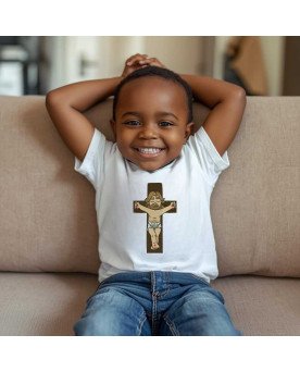Camisa Infantil Moda Fé Cristã Bordada Cristo Crucificado