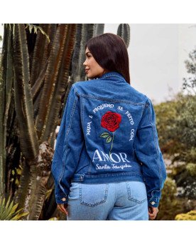 Jaqueta Jeans Feminina Moda Católica Bordada Santa Teresinha