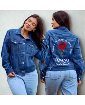 Jaqueta Jeans Feminina Moda Católica Bordada Santa Teresinha