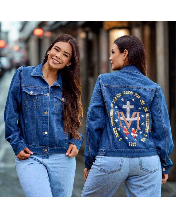 Jaqueta Jeans Feminina Católica Bordada Maria Rogai Por Nós Jaqueta Jeans Feminina Católica Bordada Maria Rogai Por Nós