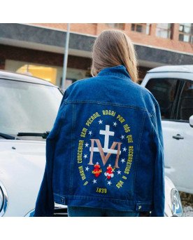 Jaqueta Jeans Feminina Católica Bordada Maria Rogai Por Nós