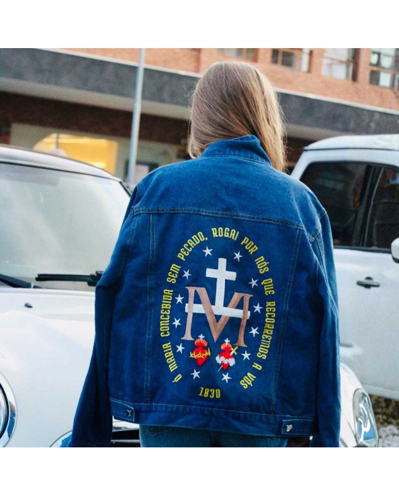 Jaqueta Jeans Feminina Católica Bordada Maria Rogai Por Nós Jaqueta Jeans Feminina Católica Bordada Maria Rogai Por Nós